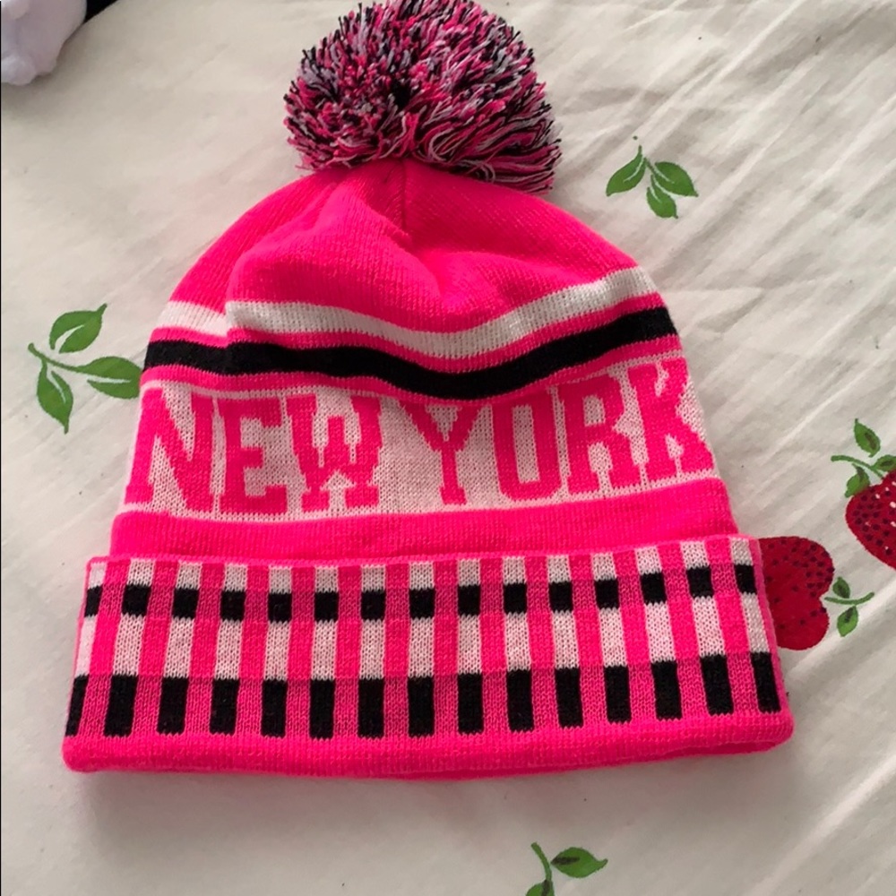 Cute Pink New York Winter Beanie Hat with Pom Ball